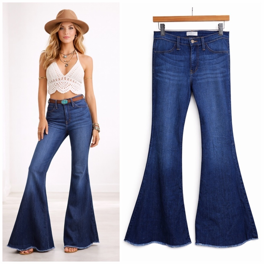 Judy Blue Womens Super Flare High Rise Raw Hem Jeans Sz 7/28 Blue Retro 70s Boho - Picture 13 of 13